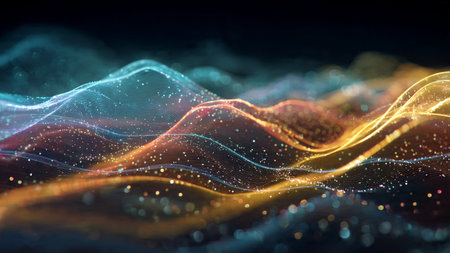 A twisting light ribbon of purple and cyan forming an abstract pattern.の写真素材