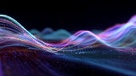 A broad wave of radiant neon energy washing across digital terrain.
