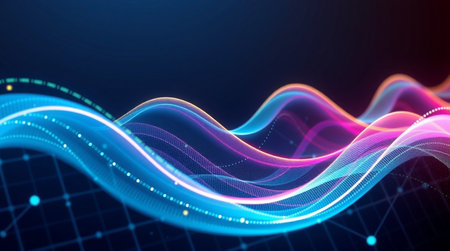 Radiant information streaks illuminating a deep gradient space filled with twinkling micro-lights.