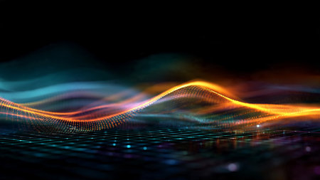 A cascading fusion of cyan and purple streaks glowing intensely over a gradient backdrop.