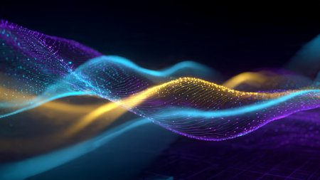 Spiraling neon ripples creating a wave vortex illuminated by micro-lights.