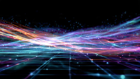 Gentle luminous ripples in metallic blues and purples enriched by scattered neon particles drifting...