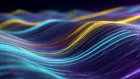 Smooth undulating shapes in radiant blue and purple hues surrounded by floating particle lights on a dark canvas.の写真素材