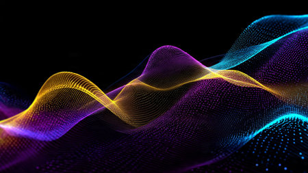 A radiant field of pulsing wave lines in electric blue and purple.