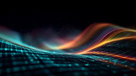 A mid-air ribbon of light forming a sleek cyberwave motion above shadowed depths.の写真素材