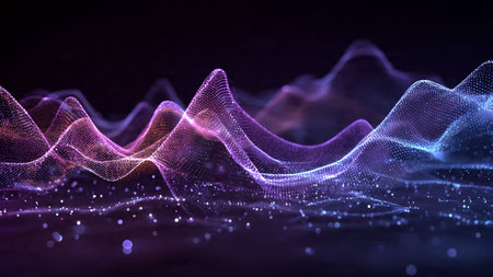A high-tech flow of luminous curves in cyan, purple, and soft electric tones forming a dynamic wave...