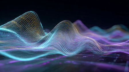 A cyberwave of interconnected glowing strands shimmering with prismatic colors above a...