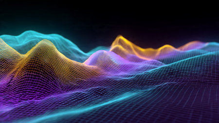 A fluid neon wave motion with shimmering accents of cyan and purple.