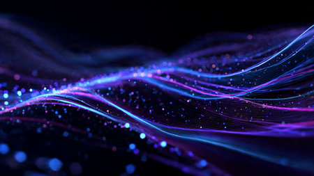 A dynamic sweep of neon blue and violet light waves moving smoothly across a dark digital...