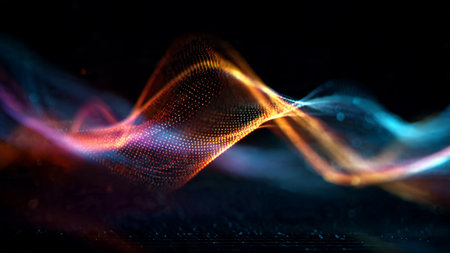 A full-spectrum cyberwave pattern weaving through a futuristic tech grid.の写真素材