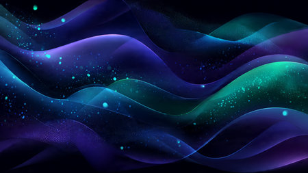 Flowing layers of bright cyan and purple over a tech grid.