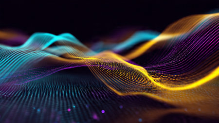 A neon ocean of cyan-purple ripple waves spreading across a tech surface.の写真素材