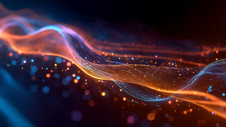 A high-energy digital ripple of neon colors gliding across a structured cyber grid.