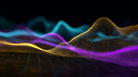 A glowing cyan-purple sweep moving horizontally across deep black.の写真素材