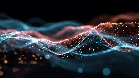 Smooth rippled shapes shimmering in rich indigo and lavender surrounded by bright micro-lights.の写真素材