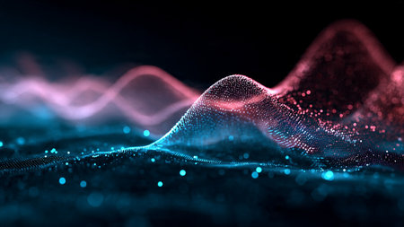 A structured neon ripple echoing across a tech-inspired surface.の写真素材