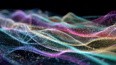 A curtain of luminous cyan-violet waves drifting in slow motion.の写真素材