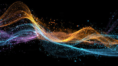 An illuminated spectrum ribbon twisting fluidly across a deep shadowed technology field.