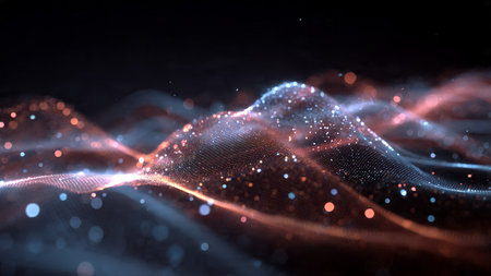 A soft shimmering line of neon luminosity stretching across digital darkness.の写真素材