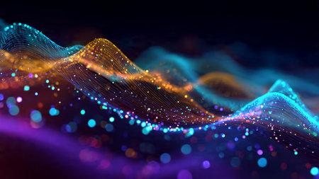 A shimmering neon curve weaving upward through a deep gradient shadow.の写真素材