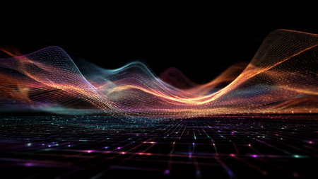 Smooth flowing ripples in vibrant blues and purples surrounded by luminous particle dust.