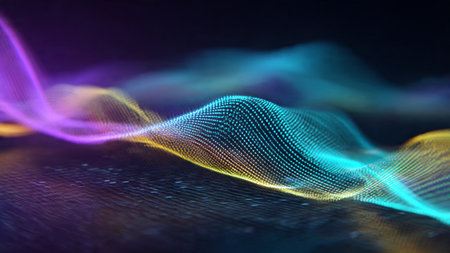 A dual-tone wave of cyan-purple light rippling through a deep cyber atmosphere.
