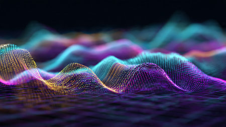 A shimmering spiral of neon light curves forming an elegant flow over a minimal grid pattern.の写真素材