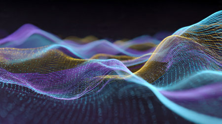 A glowing line of digital energy arching gently across a deep gradient.の写真素材