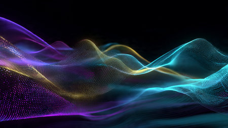 Futuristic glowing fibers curving with perfect symmetry across a dark base.