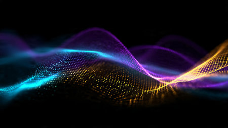 A blue-violet neon wave sweeping through digital darkness with sparkling micro-particles surrounding...
