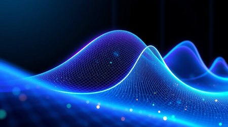 Smooth rippled shapes shimmering in rich indigo and lavender surrounded by bright micro-lights.