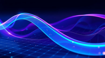 Elegant rippling data lines in shifting blues and purples, accented by neon green particles floating...