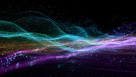 Purple and aqua neon strands weaving through shadowy digital air.