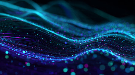 Smooth undulating shapes in radiant blue and purple hues surrounded by floating particle lights on a...
