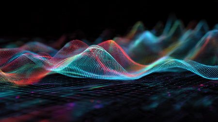 Cyan-purple data wave curving above a grid surface.の写真素材