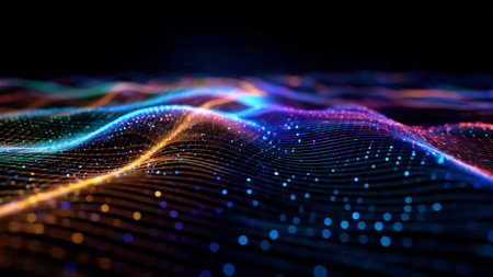 Radiant information curves drifting across a gradient backdrop.の写真素材