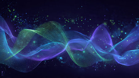 Intertwined cyberwave strands glowing with spectrum colors, flowing above a crisp futuristic grid...