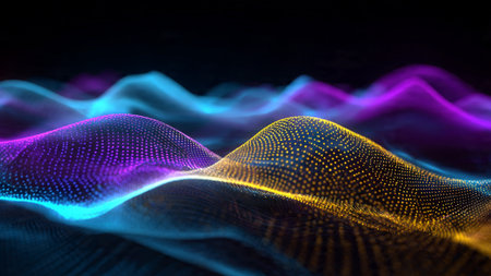 A floating mesh of neon strands glowing with spectral color variations.の写真素材