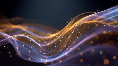 Prismatic strands of light coiling elegantly through a dark high-tech backdrop.