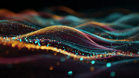 Blue-toned neon waves shimmering with ambient particle drift.の写真素材