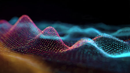 A structured stream of luminous curves forming a clean techno ripple over a grid.