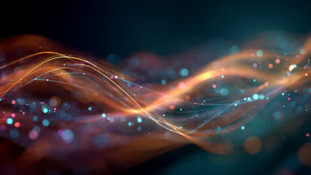 Gentle iridescent waves in blue and purple surrounded by floating dots of light.