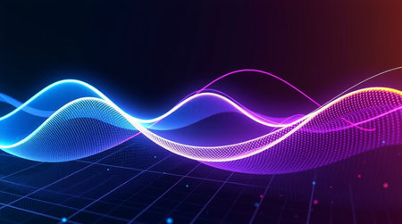 A cyberwave lattice of glowing multi-color strands twisting over a precision-lined tech grid.