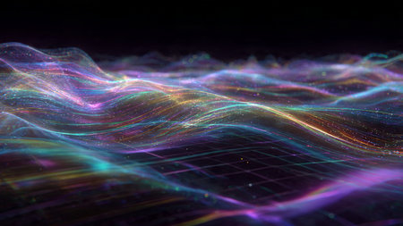 A radiant information wave composed of neon streaks and smooth glowing curves rippling across a deep...