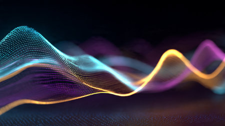 A curving neon wave enriched with glowing particle clusters and a digital gradient backdrop.