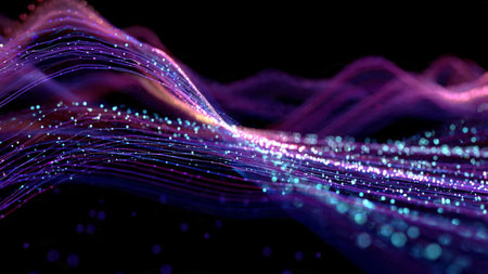 A winding blue-lilac light strand weaving across a dark high-tech environment.