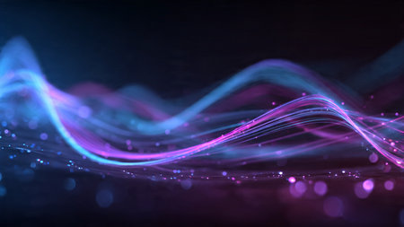 A deep-tech data wave formed by luminous interlaced lines shimmering with iridescent hues.