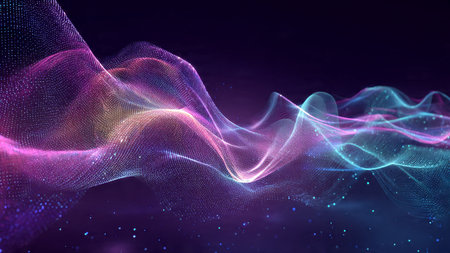 A radiant stream of neon particles welding into a wave curve.
