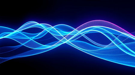 Interwoven luminous fiber waves across a tech base.