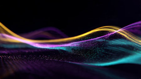 Cascading layers of blue and lavender waves radiating above a futuristic dark-mode backdrop.